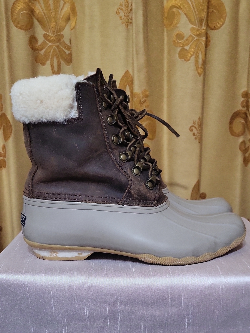 Sperry Brown Leather and Gray Duck Boots with Wool Lining